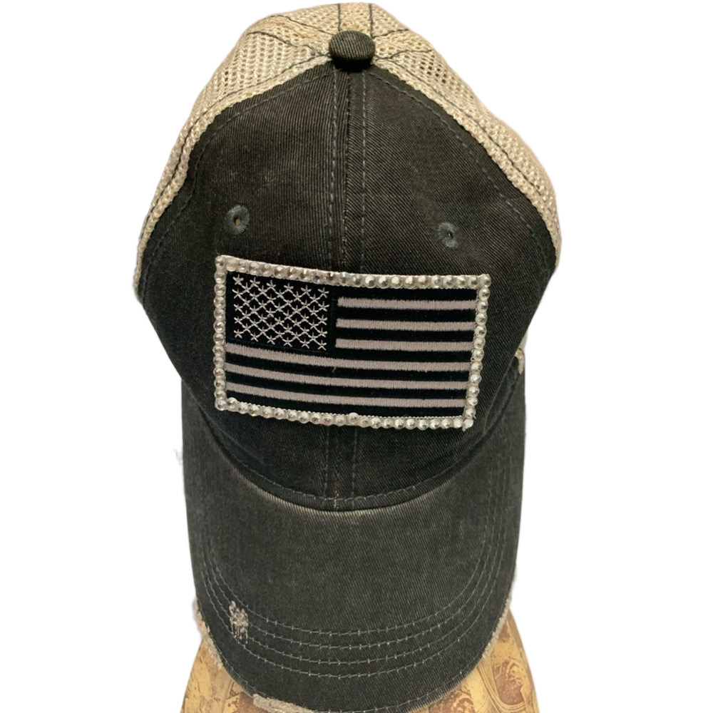 Rhino Embroidered American Flag Rhinestones‎ Distressed Trucker Hat